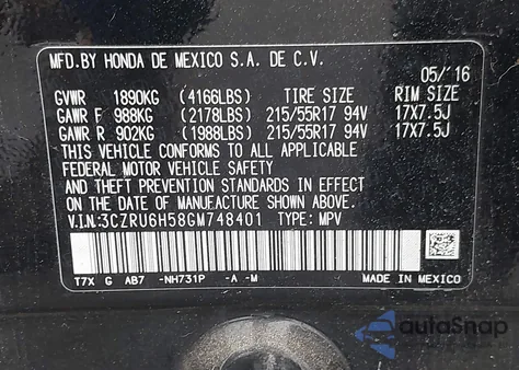 2016 Honda Hr-V Ex z USA, uszkodzony, nr VIN 3CZRU6H58GM748401